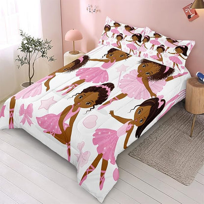 Twin Bedding Sets for Girls, African American Magic Comforter Set with Ballet Dancer, Pink Bed Set for Toddler Kids Teens, Little Girls Bedroom Decor - LeafyLoom