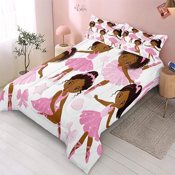 Queen Bedding Sets for Girls, African American Magic Comforter Set with Ballet Dancer, Pink Bed Set for Toddler Kids Teens, Little Girls Bedroom Decor - LeafyLoom