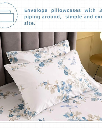 QSH Floral Queen Size Sheet Sets - Elegant Bird Tree Branch Blossom Printed Bedding 100% Egyptian Cotton Sheets Queen Size Deep Pockets 17.5" Extra Soft and Breathable 4pcs - LeafyLoom