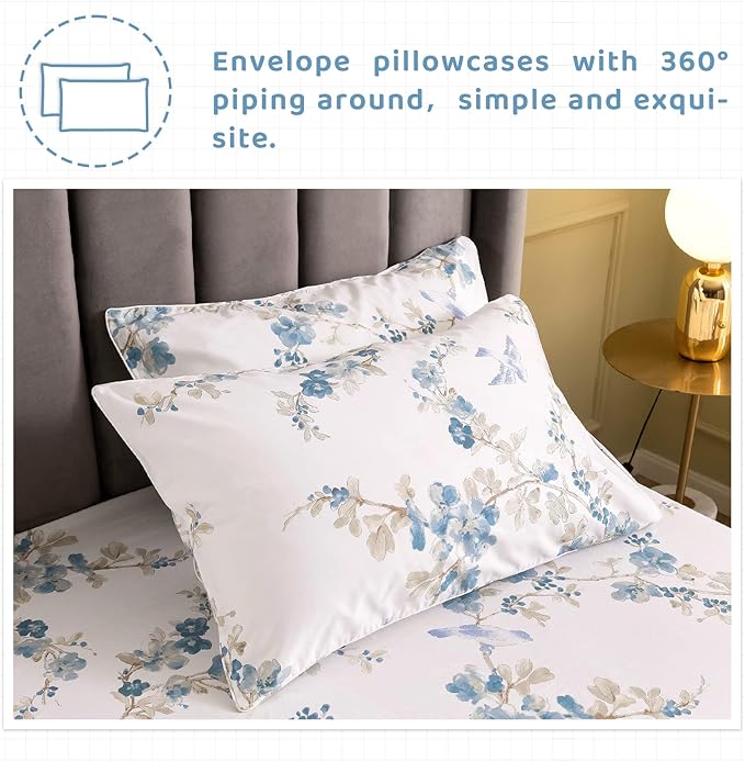 QSH Floral Queen Size Sheet Sets - Elegant Bird Tree Branch Blossom Printed Bedding 100% Egyptian Cotton Sheets Queen Size Deep Pockets 17.5" Extra Soft and Breathable 4pcs - LeafyLoom