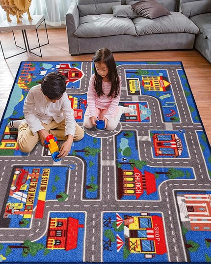 Kids Carpet Playmat Rug 59"x39.4", Car Rug for Kids Cars, Non-Slip Town City Road Map Kids Rug for Playroom Bedroom Boys, Kids Car Mat Road Rug, Track Rug Car Play Rug for Kids (59X39.4 INCH-Blue) - LeafyLoom