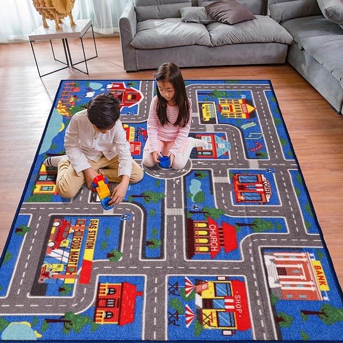 Kids Carpet Playmat Rug 59"x39.4", Car Rug for Kids Cars, Non-Slip Town City Road Map Kids Rug for Playroom Bedroom Boys, Kids Car Mat Road Rug, Track Rug Car Play Rug for Kids (59X39.4 INCH-Blue) - LeafyLoom