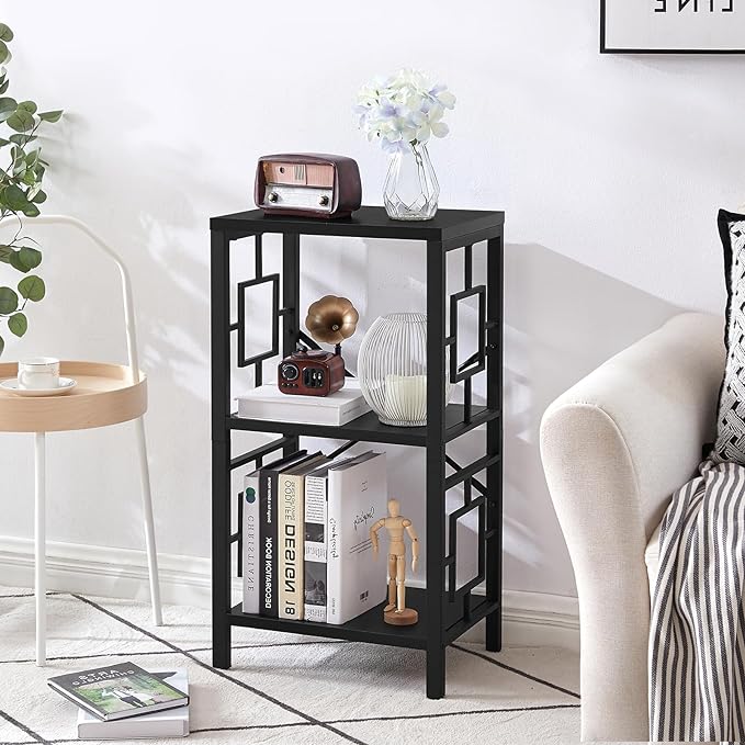 Small Bookshelf, 3 Tier Vintage Industrial Small Bookshelf for Small Spaces, Freestanding Open Shelf Bookcase, Versatile Bookshelf for Home Office, Bedroom & Living Room, Black - LeafyLoom