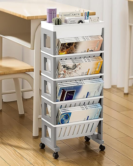 5 Tier Book Rack Storage Bookshelf, Mobile Bookshelf with Wheels, Removable Movable Unique Bookcase, Rolling Book Cart, Bookshelves for Students Study in Dorm Classroom Living Room School(White Grey) - LeafyLoom