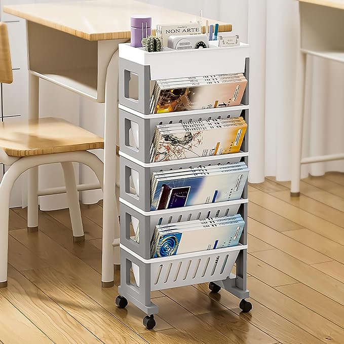 5 Tier Book Rack Storage Bookshelf, Mobile Bookshelf with Wheels, Removable Movable Unique Bookcase, Rolling Book Cart, Bookshelves for Students Study in Dorm Classroom Living Room School(White Grey) - LeafyLoom