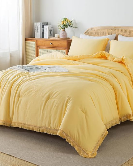 Andency Yellow Tassel Comforter Set Queen(90x90Inch), 3 Pieces(1 boho Comforter, 2 Pillowcases) Farmhouse Shabby Chic Comforter Set, Soft Microfiber Lightweight Fringe Bedding Comforter Set - LeafyLoom