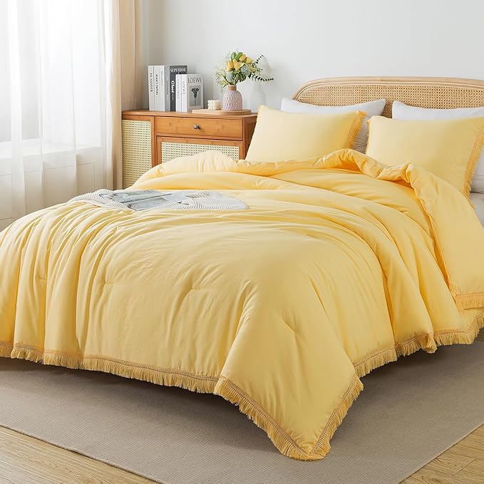 Andency Yellow Tassel Comforter Set Queen(90x90Inch), 3 Pieces(1 boho Comforter, 2 Pillowcases) Farmhouse Shabby Chic Comforter Set, Soft Microfiber Lightweight Fringe Bedding Comforter Set - LeafyLoom
