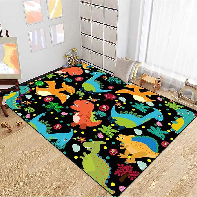 Dino Rugs for Boys Room Kids Play Rug Dinosaur Play Rug Dinosaur Carpet Dinosaur Rug Dinosaur Cartoon Carpet for Boys and Girls Bedroom Classroom,Black 2'5''×4' - LeafyLoom