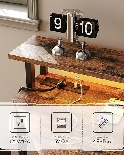 HOOBRO Corner Desk, Gaming Table with Charging Station and LED Strip, 90° Corner Computer Table, Mobile PC Holder, Adjustable Mesh Shelf, for Small Space/Home Office, Rustic Brown and Black BB70UDDN01 - LeafyLoom