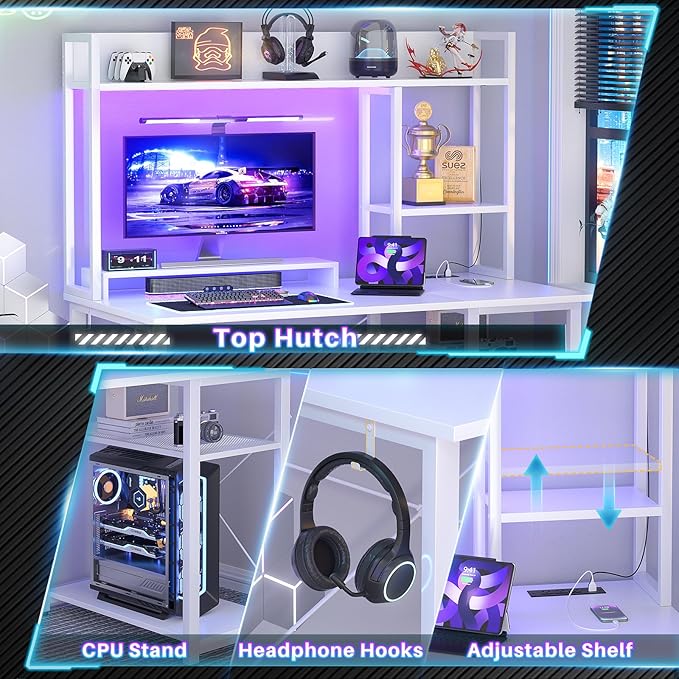 Cyclysio Gaming Desk with Hutch, 39'' Computer Desk with LED Lights & Power Outlets, Home Office Desk with Reversible 5 Tiers Storage Shelves & Monitor Stand, Small Gaming Table for Small Space, White - LeafyLoom