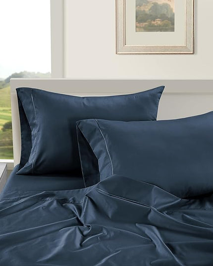 LANE LINEN 100% Egyptian Cotton Bed Sheets - 1000 Thread Count 4-Piece Calking Set Long Staple Bedding Sateen Weave Luxury Hotel Fits Upto 17" Mattress Dark Denim - LeafyLoom