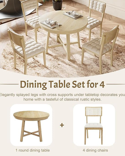 Natural Rustic 42inch Round 4, 5 Piece Upholstered Chairs, Wood Dining Table Set - LeafyLoom