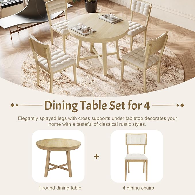 Natural Rustic 42inch Round 4, 5 Piece Upholstered Chairs, Wood Dining Table Set - LeafyLoom