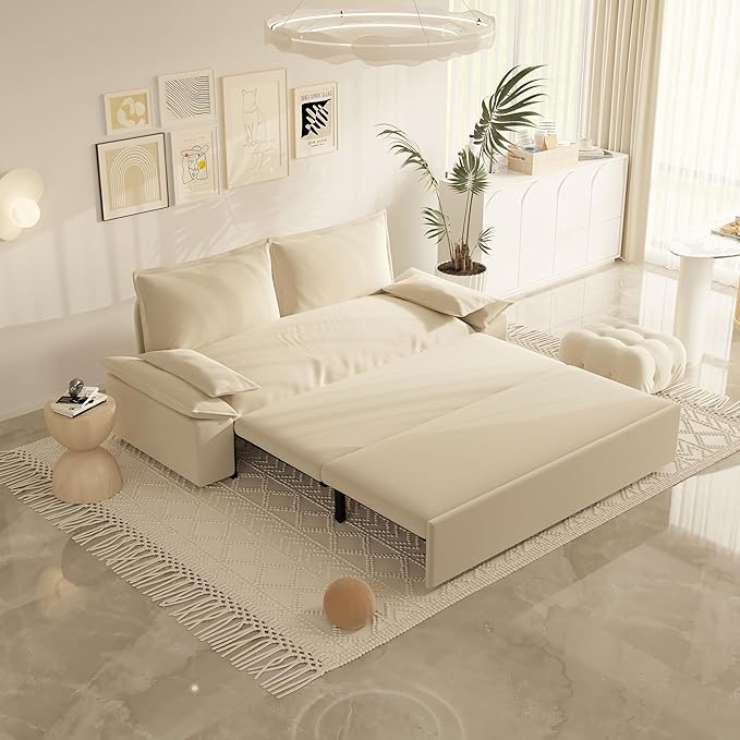 3 in 1 Oversized Love Seat Sofá Convertible Queen Size Sofabed with 2 Lumbar Pillows, Loveseat Sofa W/Pull Out Sleeper Couch Bed for Home,Office,Apartment,RV Living Room, 70.1", Beige - LeafyLoom