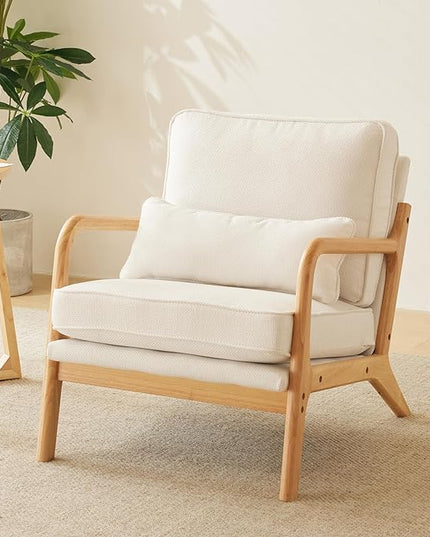 Bonnlo Coarse Linen Beige Mid Century Modern Accent Chair, Soild Wood Padding Lounge Armchairs Side Sitting Chairs for Living Room, Bedroom, Guest Room - LeafyLoom