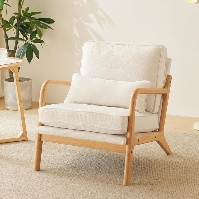 Bonnlo Coarse Linen Beige Mid Century Modern Accent Chair, Soild Wood Padding Lounge Armchairs Side Sitting Chairs for Living Room, Bedroom, Guest Room - LeafyLoom