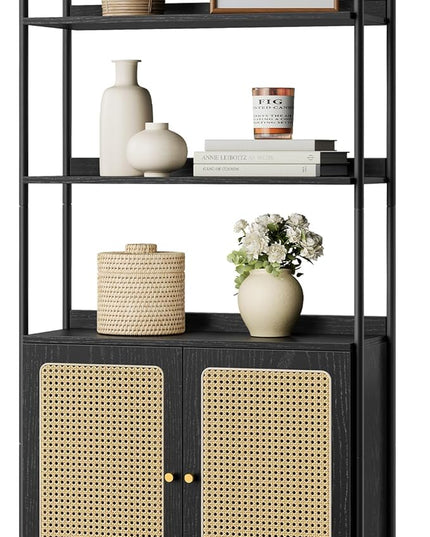 VASAGLE 6-Tier Bookcase, Bookshelf with Rattan-Like Door, Boho Style, Freestanding 30.1-Inch Wide Storage Shelf, Metal Frame, Adjustable Shelf, for Living Room, Ebony Black and Matte Black ULLS124B56 - LeafyLoom