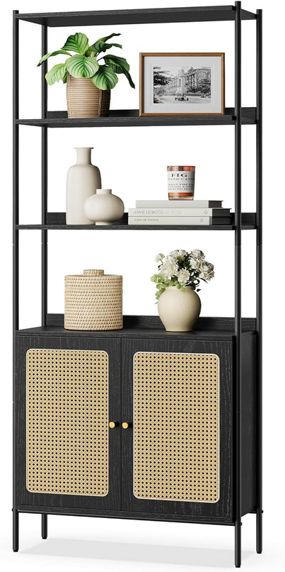 VASAGLE 6-Tier Bookcase, Bookshelf with Rattan-Like Door, Boho Style, Freestanding 30.1-Inch Wide Storage Shelf, Metal Frame, Adjustable Shelf, for Living Room, Ebony Black and Matte Black ULLS124B56 - LeafyLoom