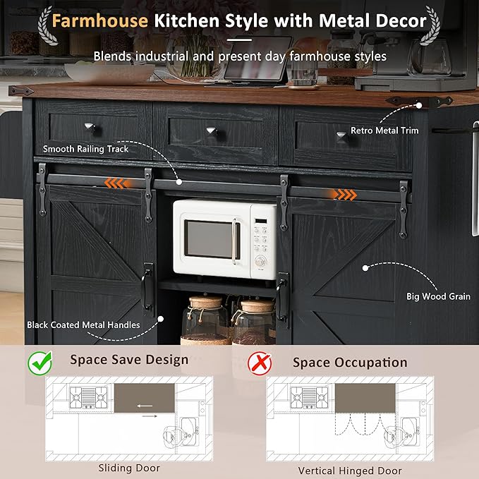 53.7" Farmhouse Kitchen Island with Power Outlet, 2 Sliding Barn Door Kitchen Storage Island with Drop Leaf, Spice Rack Rolling Kitchen Cart on Wheels for Home, Kitchen, Dining Room, Black - LeafyLoom