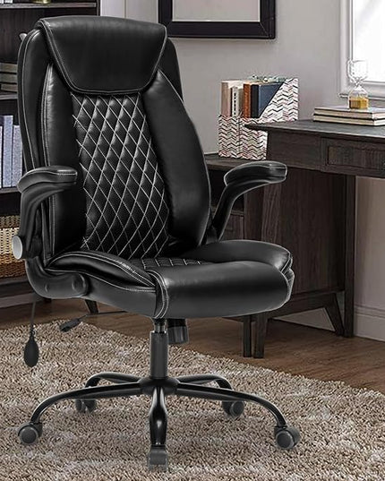 Office Chair Desk Chair High Back Computer Chair - Adjustable Lumbar Support with Flip-Up Arms PU Leather Chair with Spring Cushion - LeafyLoom