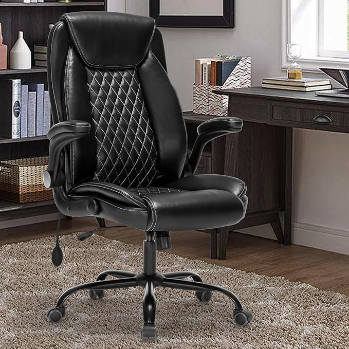 Office Chair Desk Chair High Back Computer Chair - Adjustable Lumbar Support with Flip-Up Arms PU Leather Chair with Spring Cushion - LeafyLoom