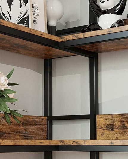 IRONCK Industrial Bookshelves 5 Tiers Corner Bookcases with Baffles Etagere Shelf Storage Rack with Metal Frame for Living Room Home Office - LeafyLoom