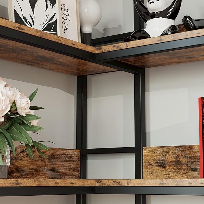 IRONCK Industrial Bookshelves 5 Tiers Corner Bookcases with Baffles Etagere Shelf Storage Rack with Metal Frame for Living Room Home Office - LeafyLoom