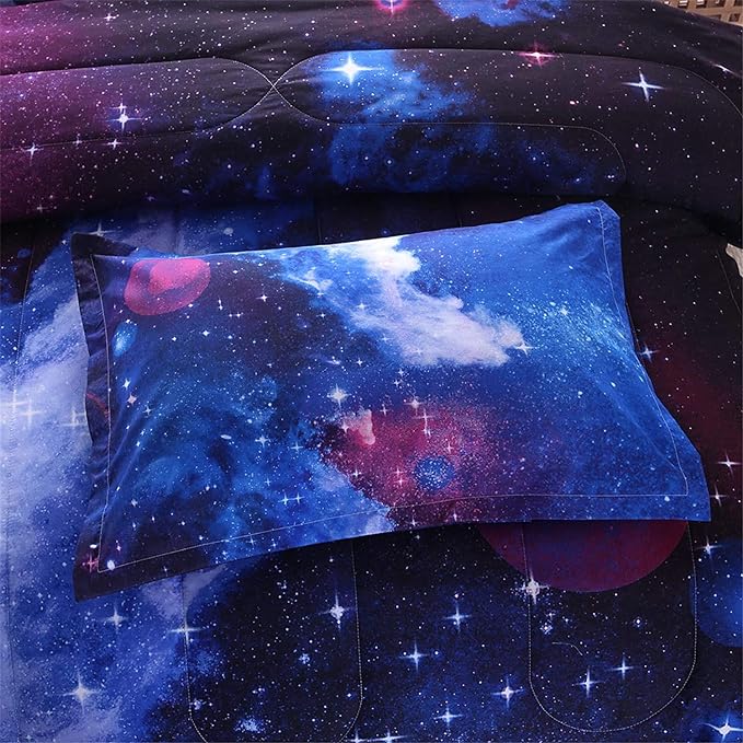 A Nice Night Galaxy Bedding Sets Outer Space Comforter 3D Printed Space Quilt Set Twin Size,for Children Boy Girl Teen Kids - includes 1 Comforter, 2 Pillow Cases - LeafyLoom
