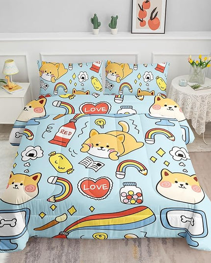 Datura home Kids Comforter Set Kawaii Dogs Bedding Cute Shiba Inu Corgi Printed Pattern Decor with 1 and 2 Pillowcases for Boys Girls All Season(Blue Inu), Twin 68x86inches - LeafyLoom