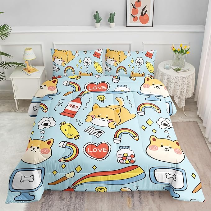 Datura home Kids Comforter Set Kawaii Dogs Bedding Cute Shiba Inu Corgi Printed Pattern Decor with 1 and 2 Pillowcases for Boys Girls All Season(Blue Inu), Twin 68x86inches - LeafyLoom