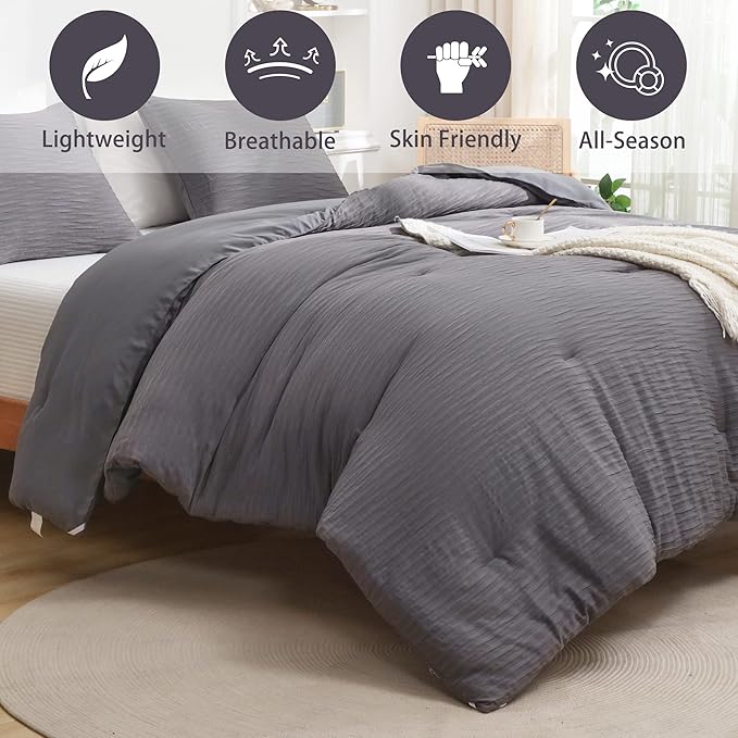 Dark Gray Seersucker Comforter Set King Size (104x90 in), 3 Pieces Soft Crinkled Textured Comforter with 2 Pillowcases, Lightweight Microfiber Down Alternative Bedding Set for All Season - LeafyLoom