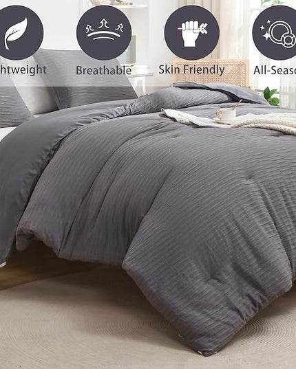 Dark Gray Seersucker Comforter Set Queen Size (90x90 in), 3 Pieces Soft Crinkled Textured Comforter with 2 Pillowcases, Lightweight Microfiber Down Alternative Bedding Set for All Season - LeafyLoom