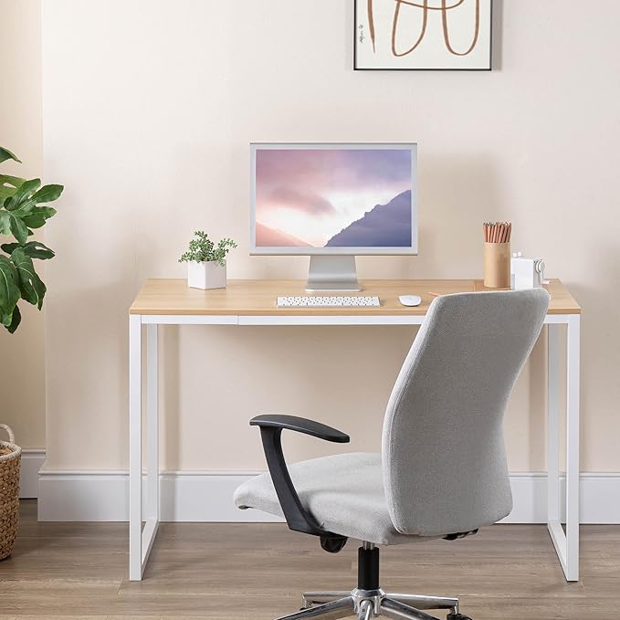 ZINUS Jennifer 47 Inch Computer Workstation / Office Desk - White Frame & Natural Top - LeafyLoom