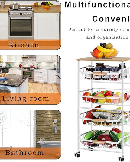 Kitchen Storage Rolling Cart on Wheels, 5 Tier Metal Rolling Utility Cart Mesh Basket Pantry Cart Rack with Wooden Tabletop for Fruit Vegetable Onion Potato Storage, White - LeafyLoom