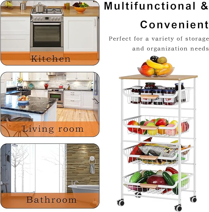 Kitchen Storage Rolling Cart on Wheels, 5 Tier Metal Rolling Utility Cart Mesh Basket Pantry Cart Rack with Wooden Tabletop for Fruit Vegetable Onion Potato Storage, White - LeafyLoom