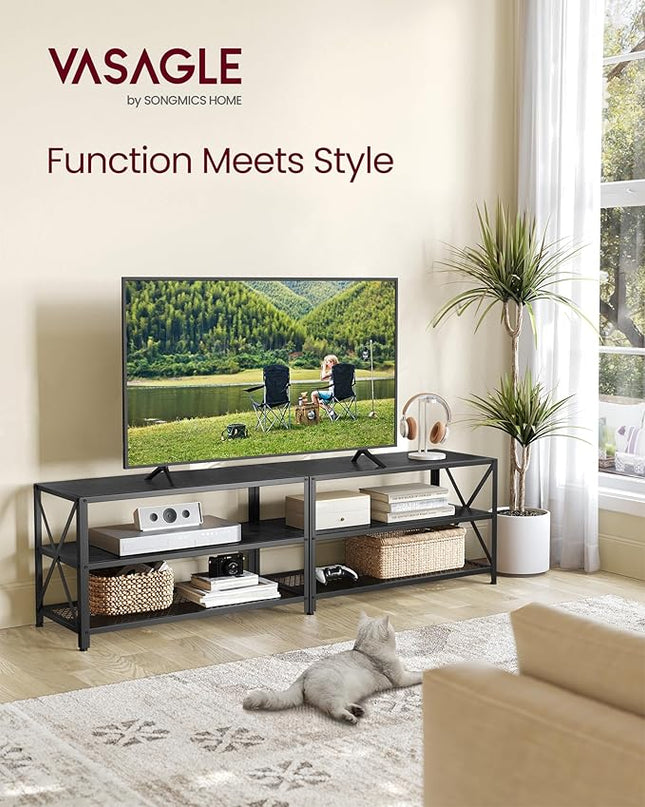 VASAGLE TV Stand, TV Console for TVs Up to 75 Inches, TV Table, 70.1 Inches Width, TV Cabinet with Storage Shelves, Steel Frame, for Living Room, Bedroom, Black with Wood Grain ULTV096B22 - LeafyLoom