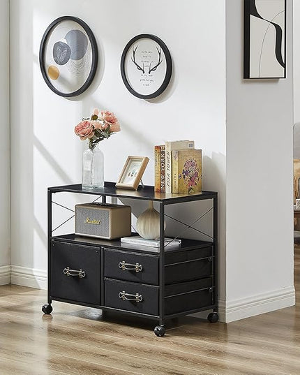 VECELO Fabric Lateral Filing Cabinet Rolling Printer Fits Letter Size, 3 Drawers Mobile Stand with Open Storage Shelf,for Home Office,Vintage Black - LeafyLoom