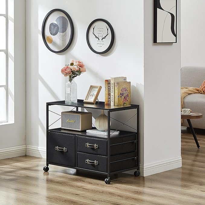 VECELO Fabric Lateral Filing Cabinet Rolling Printer Fits Letter Size, 3 Drawers Mobile Stand with Open Storage Shelf,for Home Office,Vintage Black - LeafyLoom