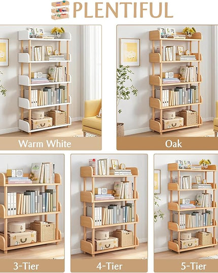 5-Tier Wooden Open Bookcase - Modern Display Bookshelf with Top Edge and Solid Wood Frame for Home and Office, Storage Cabinet, Oak - LeafyLoom