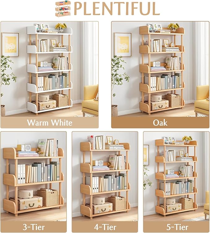 5-Tier Wooden Open Bookcase - Modern Display Bookshelf with Top Edge and Solid Wood Frame for Home and Office, Storage Cabinet, Oak - LeafyLoom