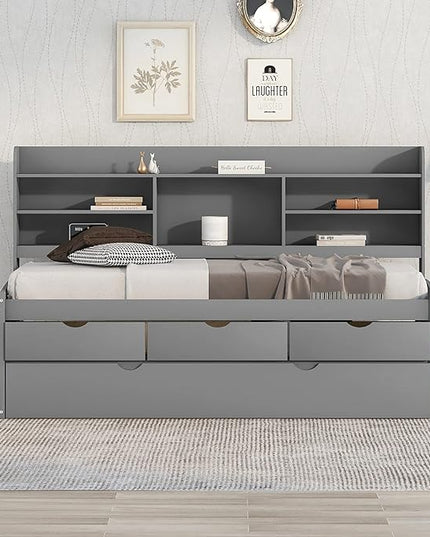 Twin Size Captain Bed with 3 Storage Drawers and Trundle, Wood Twin Bed Frame with Built-in Bookshelves for Kids Teens Adults, Light Gray - LeafyLoom