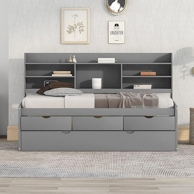 Twin Size Captain Bed with 3 Storage Drawers and Trundle, Wood Twin Bed Frame with Built-in Bookshelves for Kids Teens Adults, Light Gray - LeafyLoom