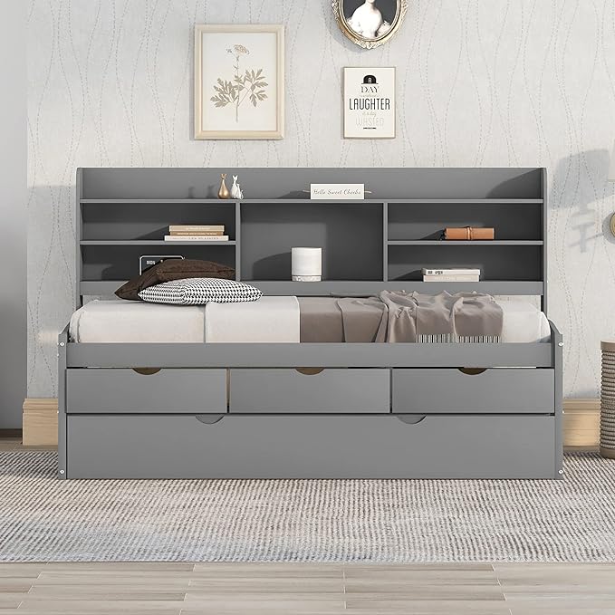 Twin Size Captain Bed with 3 Storage Drawers and Trundle, Wood Twin Bed Frame with Built-in Bookshelves for Kids Teens Adults, Light Gray - LeafyLoom