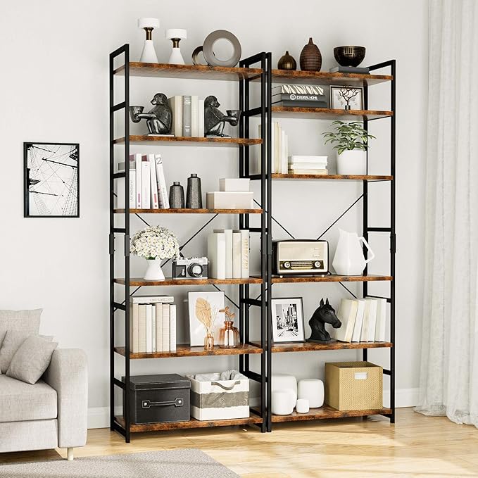 OTK 6 Tier Adjustable Bookshelf, Tall Bookcase, Office Shelf Storage Organizer, Modern Book Shelf for Living Room, Bedroom, and Home Office, Vintage - LeafyLoom