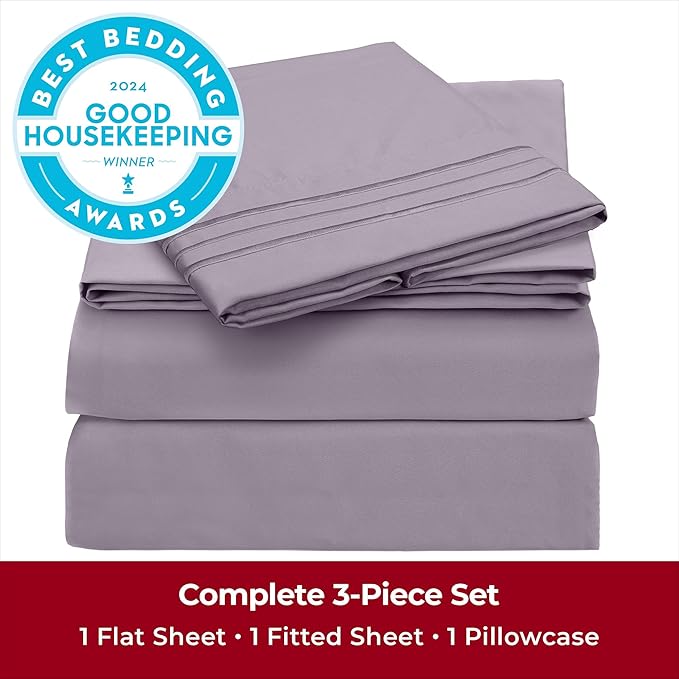 Mellanni Twin XL Sheets Set - 3 PC Iconic Collection Bedding Sheets & Pillowcases - Hotel Luxury, Extra Soft, Cooling Bed Sheets - Deep Pocket up to 16 inch (Twin Extra Long, Hazy Lilac) - LeafyLoom