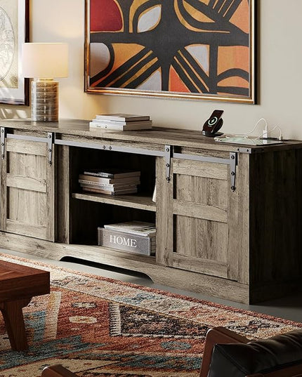 oneinmil TV Stand for 65” TV, Entertainment Center with Storage Cabinets and Sliding Barn Doors, Rustic Media TV Console Table for Living Room, Bedroom, Grey - LeafyLoom