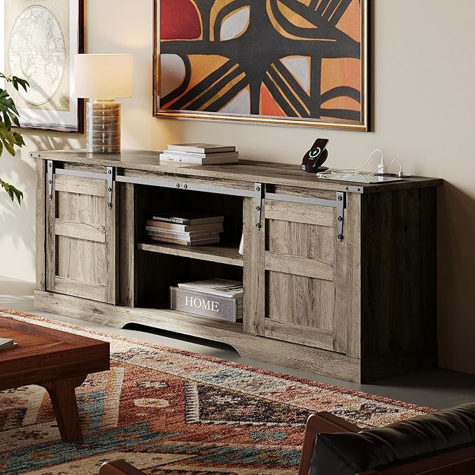 oneinmil TV Stand for 65” TV, Entertainment Center with Storage Cabinets and Sliding Barn Doors, Rustic Media TV Console Table for Living Room, Bedroom, Grey - LeafyLoom