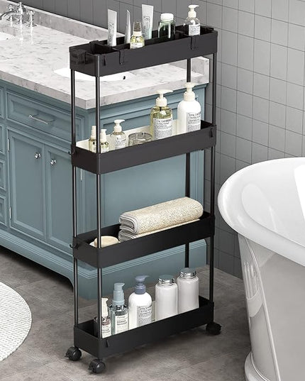 SPACELEAD Slim Storage Cart 4 Tier, Storage Organizer Rolling Utility/ Mobile Shelving Unit Slide Out Storage Cart for Office, Bathroom, Kitchen, Laundry Room & Narrow Places， Black - LeafyLoom