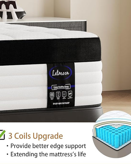California King Mattress, 12 Inch Hybrid Mattress California King, 3 Coils Strong Edge Support, Medium Firm Mattress with Memory Foam and Pocket Springs, Pressure Relief - LeafyLoom