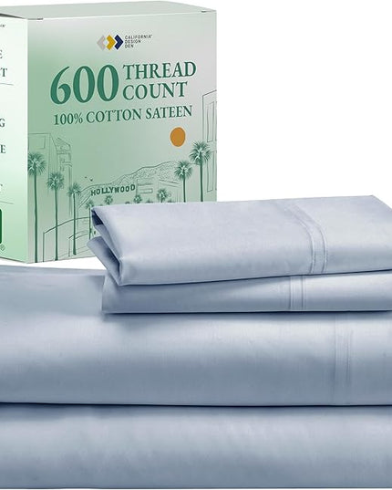 California Design Den Split King Sheet Set - 100% Cotton, 600 Thread Count, Breathable Luxury King Size Sheets for Adjustable Bed, Luxury Hotel-Quality Sheets with Soft Sateen Weave - Blue - LeafyLoom